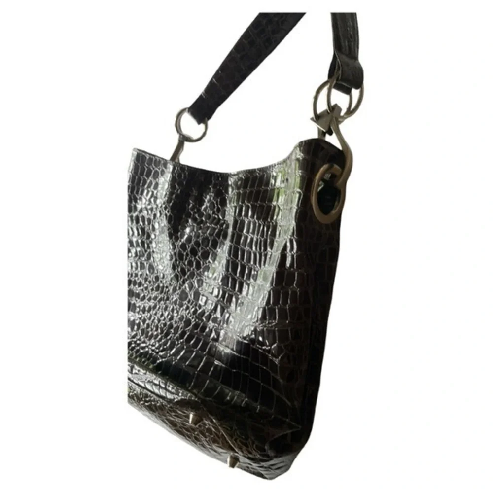 Braciano‎ Croc Embossed Faux Patent Hobo Shoulder Bag Purse Brown Large Glam